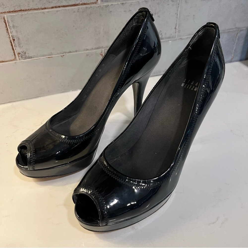 Stuart Weitzman Glossy Black Peep-Toe Heels